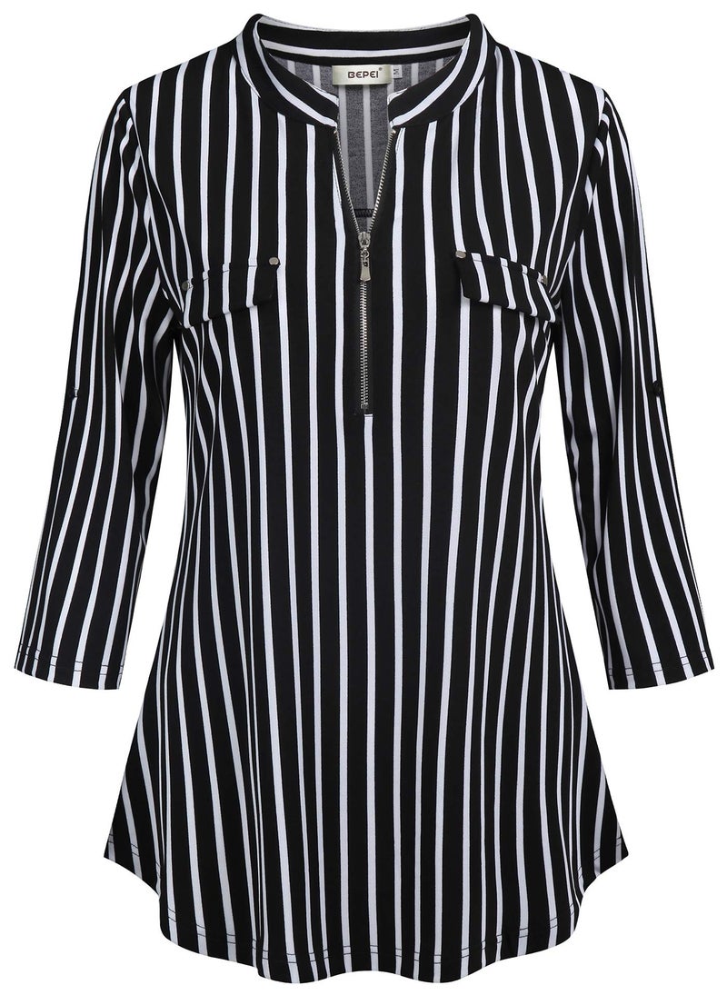 BEPEI Women Tops and Blouses,Misses 3/4 Sleeve Fitted Top Youth Button Down Black White Striped Shirt Loose Bottom Soft Tunic Fashion 2025 Spring Trendy Dressy Casual Work Office Clothing M - Image 2